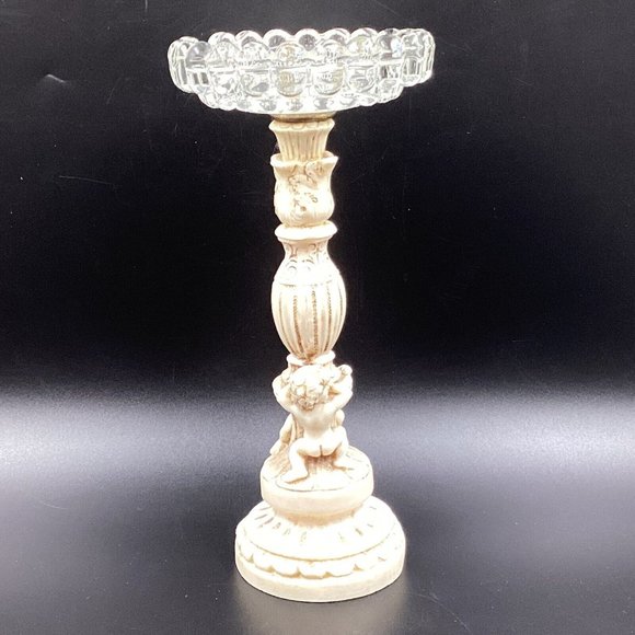 Vtg Mid Century Hollywood Regency Novelty Resin Cherub 10" Glass Ashtray Stand - Picture 9 of 16